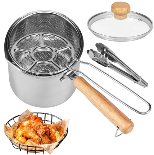 Freidora profunda con cesta coladora, tapa transparente, pinzas de alimentos y estante para fuego, sartén de acero inoxidable de 1,2 L con mango de madera, mini sartén para patatas fritas, pescado,