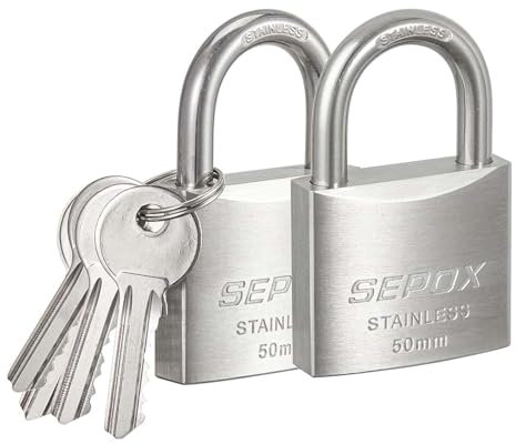 SEPOX Lucchetto per esterni con chiave, corpo e grillo, in acciaio inox, impermeabile, resistente (2 x SS 50 mm)