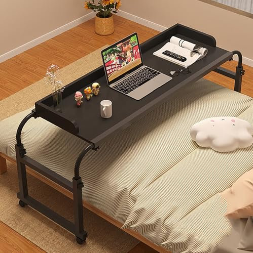 Klappbarer Betttisch mit Rollen, höhenverstellbares Klappbett, Rolltisch fürs Bett, Kingsize-Betttisch, Holz-Nachttisch für Laptops, mobiler Computerarbeitsplatz für Queensize-Bett (schwarz 140x40cm (