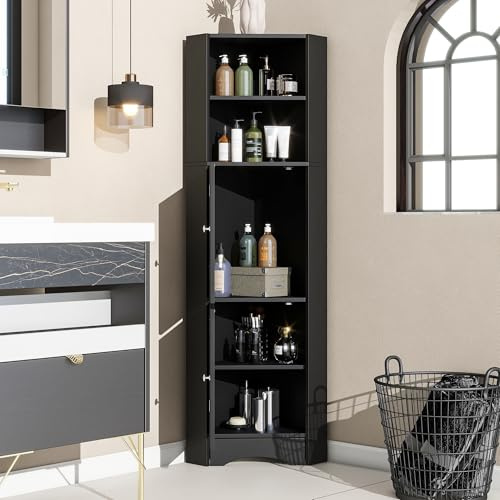 Badschrank Badmöbel Eckschrank mit Zwei Ablagefächern, offenes Fach mit verstellbarem Einlegeboden (Black)