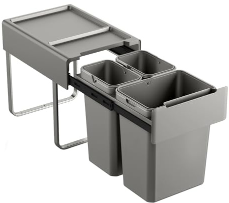 SVITA EMCombo40 - Pattumiera da incasso da 40 l (2 x 10 l+20 l), 3 scomparti con coperchio, sistema di raccolta differenziata a 3 scomparti, per cucina, per la raccolta dei rifiuti, colore: grigio
