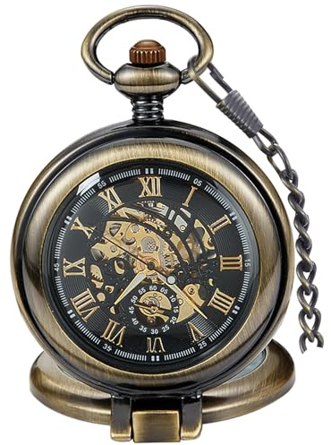 Tiong Orologio da Taschino Vintage Meccanico Steampunk Scheletrato con Numeri Romani, Orologio da Taschino con Catenina e Scatola Regalo per Uomo, Classico