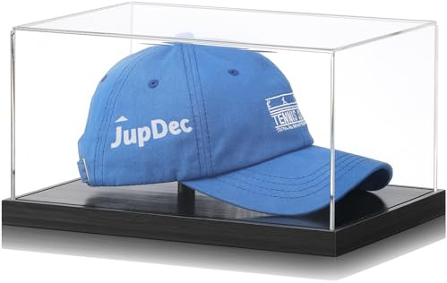 JupDec Hat Display Case, Clear Acrylic Baseball Cap Display Box Stand, UV Protection Signed Hat Transparent Showcase with Solid Wood Base Risers & Hat Shaper, Ideal Gift for Caps Collector, Black
