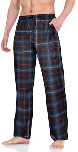 AUYAO Men's Blue Plaid Pyjama Bottoms Soft Blue Checked Lounge Pants with Pockets Adjustable Pyjamas Lounge Pants Cotton Soft PJ Sleepwear Nightwear Relaxed Fit