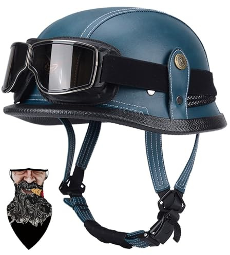 Rétro Cuir Demi Casque Moto Bol Style Allemand avec Visière UV Lunettes, Certifié Dot/ECE Casque pour Scooter Bike Cruiser Chopper Moped Casque RéTro De (55-64cm)
