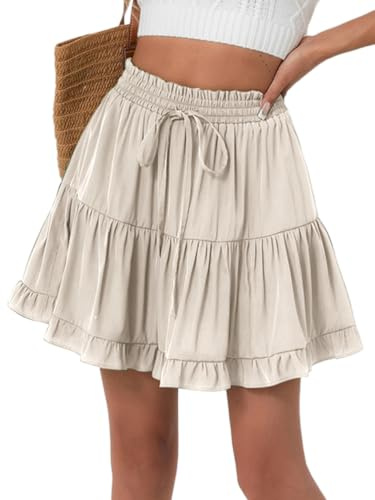 seiveini Jupe Femme Court Été Mini Jupes à Volants Taille Élastique pour Plage Vacances Party Décontracté Tiered Skirt A Beige M
