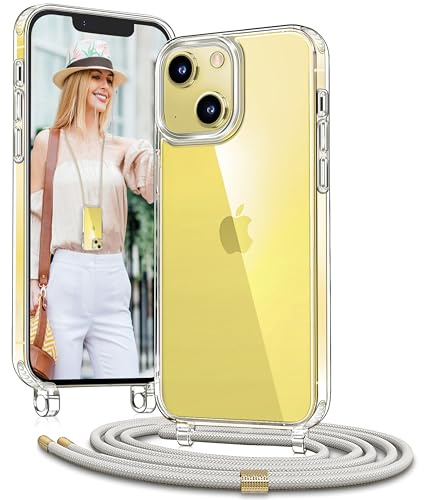 Vaykwo Handykette für iPhone 14 und iPhone 13 Hülle mit Band, Beige | Necklace Handyhülle, Transparente Case zum Umhängen, Verstellbar und Abnehmbar