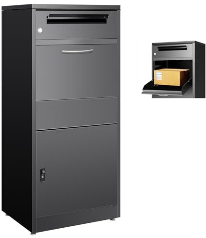 Outdoor Parcel Drop Box Outdoor Package Delivery Box with Lock – Black Metal Parcel Drop Box, Anti-Theft, IPX3 Waterproof, Weatherproof Mailbox for Porch, Fence & Curbside (115CM/45IN)