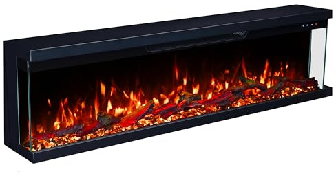 Valine Fires 3-Sided Panoramic Electric Freestanding Fireplace Heater 50/127cm – Wall-Mounted, Media Wall Electric Fire, 15 LED Colours, Crackling Sound, Wifi/Alexa/App/Remote 900W/1800W Heat Control