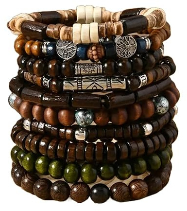 10er Set Holzperlen-Armbänder – elastisch & dehnbar – Unisex Schmuck