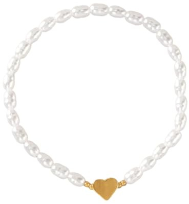 SGERUFZ 1 Pcs Bracelet Femme Élégant en Argent 14K avec Perles Blanches et Pendentif Cœur, Bracelet Perles Argent pour Femmes (Argenté)
