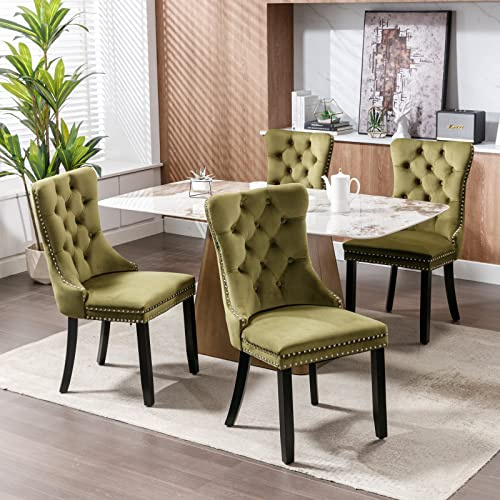 HomeTouch Luxury Velvet Dining Chairs Set of 4 Upholstered Knocker Back Kitchen Chairs with Oak Wood Legs for Dining Room Bedroom Home Office, Hand Made (4, Olive Green)