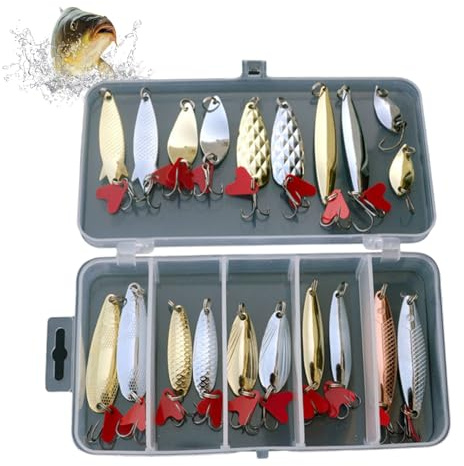 Señales de Pesca con Cuchara, 21 Piezas/señuelos de Pesca de Metal, Cebo Giratorio con Ganchos de Agudos para lubina de salmón ·