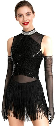 Alvivi Vestido de Baile Latino Flecos Mujer Maillot Patinaje Artístico de sin Mangas con Guantes de Malla Pedrería Traje de Baile Salsa Chacha Tango S-XXL Negro S