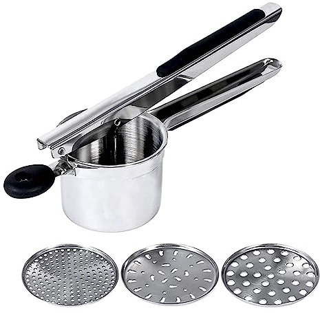 Potato Ricer,Stainless Steel Potato Masher with 3 Interchangeable Discs,Ricer for Mashed Potatoes,Mashed PotatoMasher for Commercial Home Use,Potatoes Press Kitchen Gadget Fruit Veg Press(Black)