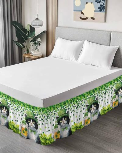 St. Patrick's Day Bed Skirt Cal King Size 18 Inch Drop, Adjustable & Elastic Wrap Around Bed Skirts Dust Ruffles for Twin Full Queen Cal King Base Bed, Spring Cute Cat Beer Green Clovers