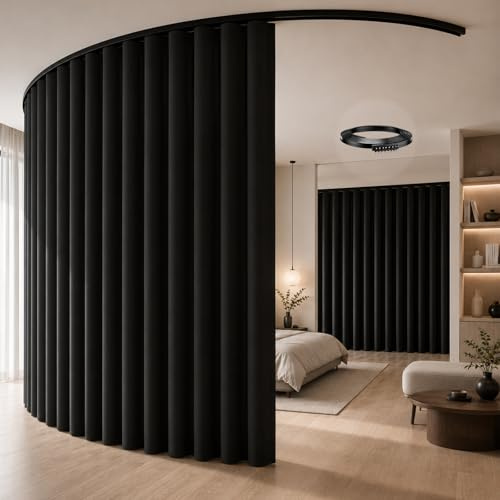 Raumteiler Vorhang – Flexibler Vorhang Raumteiler mit Deckenmontage & Biegbarer Schiene, Sichtschutz & Lichtschutz für Wohnraum, Schlafzimmer & Büro (Schwarz, 213 x 270 cm)