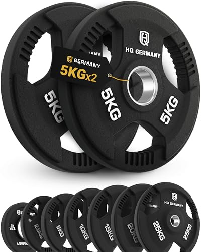 HQ Germany® Hantelscheiben 50mm [Tri-Grip Design] - Gewichte 1,25-25kg | 100% Gusseisenkern, PVC-Gummierung, drei ergonomische Griffe, ±3% kalibriert, Edelstahl-Hülse, auf 5.000 Drops getestet