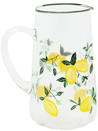 Large Glass Water Jug, 2 Litre Lemon Serving Pitcher, 22cm Decorative Lemon Orchard Kitchen Jug Vase