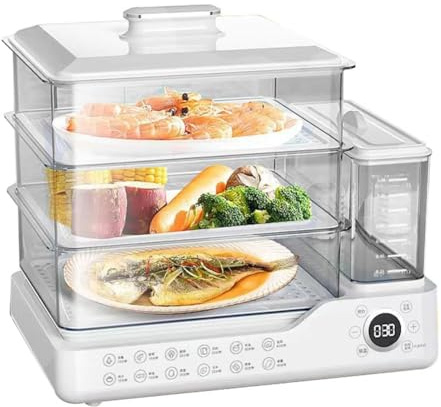Vaporera Eléctrica, Depósito de Agua Independiente 1.5L con Filtro. Cocción Simultánea de 3 Platos, Apagado Automático y Función de Vapor Instantáneo para Comidas Sin Aceite.