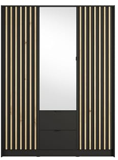 Masseno Schwebetürenschrank VARO 200/205/60 cm Kleiderschrank mit Schubladen Schlafzimmer Schiebetürenschrank 3-türig mit Spiegel Eiche Wotan + Schwarz