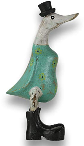 ART-CRAFT Holz Ente Lauf Ente Gartendeko Figur aus Bambus Wurzel und Teak Holz mit Stiefel und Hut Antik-Gruen 25cm hoch