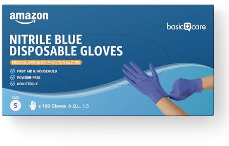 Amazon Basic Care Guantes desechables de nitrilo azul, Sin empolvar, Talla S, 100 Unidad (Anteriormente Marca Hevea)