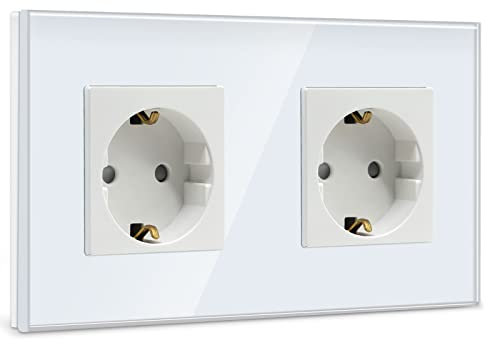 BSEED Schuko Steckdose 2 Fach Steckdose Glas Unterputz Steckdose,Steckdosen mit Kristall Glas Platte Doppel Wandsteckdosen 16Amp EU Standard Verlängerungssteckdosen Weiß -157mm