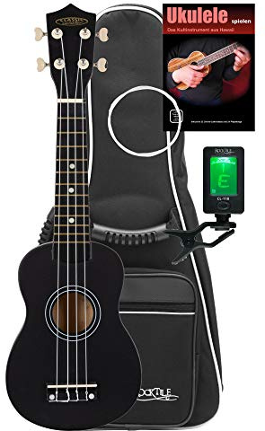 Classic Cantabile US-50 BK Sopran-Ukulele Schwarz Set, Sopran Mensur (34 | 5 cm), 12 Bünde, Bundmarkierungen im 5., 7. und 10. Bund, Sattelbreite: 35 mm, Offene Stimm-Mechaniken, Weiße Nylon-Saiten