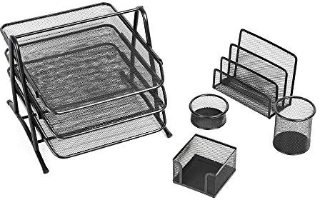 Decopatent® 5-teiliger Desk Organizer SET - Stiftablage - Mesh-Metall - Briefablage - Memobox Büroklammerhalter Briefhalter - Schwarz
