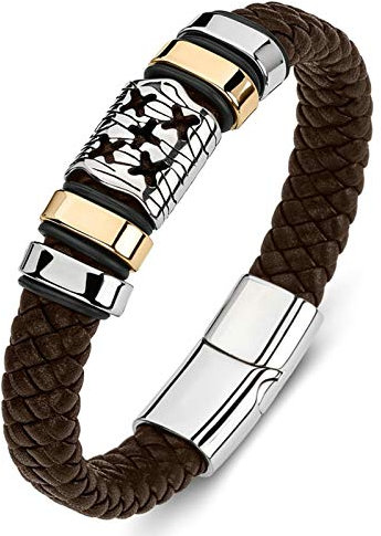 Daesar Partnerarmband Magnet Armband Leder Geflochten Charms, Kreuz Lederarmband Herren Braun 16.5CM
