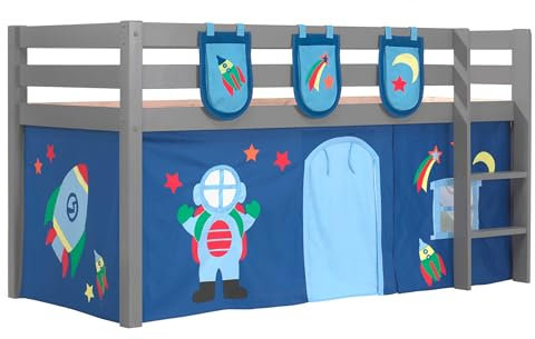 Vipack Spielbett Pino mit Textilset Vorhang und 3 Taschen Astro Kiefer massiv grau lackiert