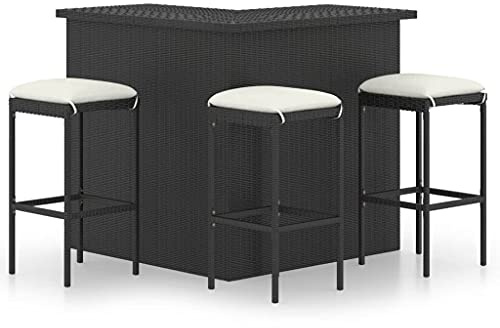vidaXL Gartenbar Set 4-TLG. mit Kissen Theke Bar Tresen Gartentheke Bartisch Stehtisch Barhocker Barstuhl Gartenmöbel Poly Rattan Schwarz