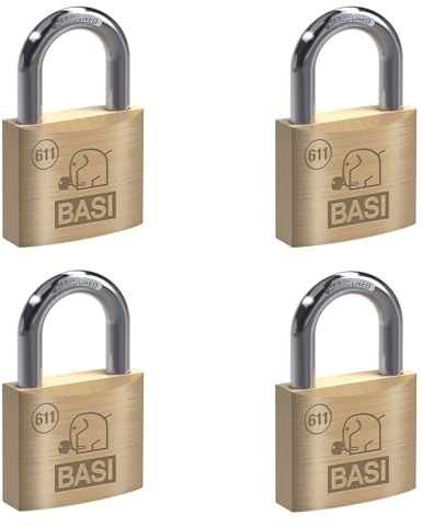 BASI | Vorhangschloss 4er Set | 50 mm | gleichschließend | massives Messing-Gehäuse | gehärteter Stahlbügel | robustes Vorhängeschloss | Bügelstärke 7 mm | 4 Stück