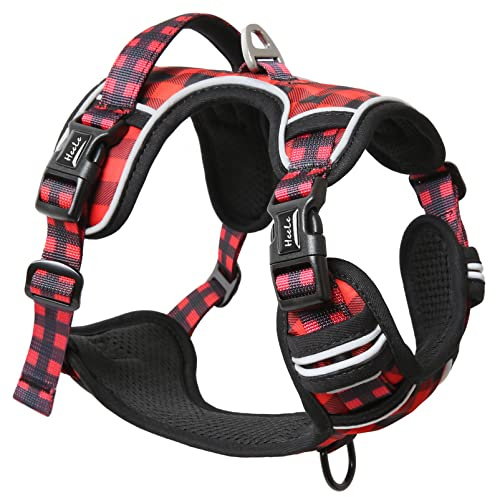 HEELE Hundegeschirr ohne Zug, Brustgeschirr für mittel Hund, einstellbares reflektierendes Hunde Geschirr, atmungsaktive Hundegeschirre mit gepolstertem Griff, No-Pull Dog Harness, Schwarz-Rot, M | Brustgeschirre für Hunde Anti Zug, Ohne Kopfdurchzug, Halsverschluss mit Sicherung, D-Ringe, Weich Gepolstert Reflektierend