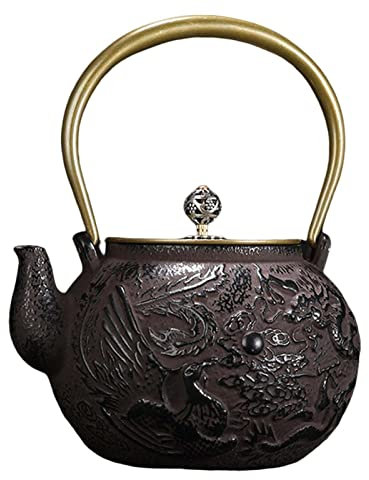 OFUNGO Cafetera Tetera Tetera Tetera, Dragón y Fénix Patrón Tradicional Tetera de Hierro Fundido Tetera 1.3L Estufa Resistente Estufa de leña Uso