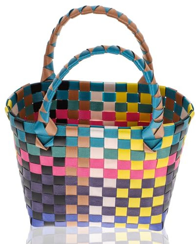Operitacx Einkaufskorb Geflochten Aus PVC - Bunte Tragetasche Mit Henkel FüR Einkaufen Aufbewahrung Und Dekoration 25X21X10 cm