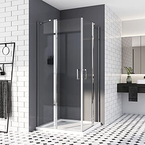 Duschkabine 80x80, drehtür Eckeinstieg Falttür Schwingtür mit fester Segment Duschabtrennung Duschtür Falttürkabine 6mm ESG Sicherheitsglas Nano-Beschichtung 185cm