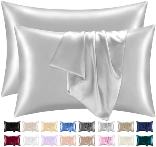 Lazzaro Satin Silk Pillowcases for Hair and Skin - Hypoallergenic Pillow Cases 2 Pack with Envelope Closure - Ultrasoft Standard Size Grey Silk Pillowcases (50 x 75 cm)
