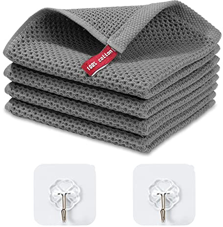 NINVVS 4pcs kitchen towels 2pcs Transparent Hooks, Highly Absorbent, Soft and Durable Kitchen Cloth, Waffle Weave Kitchen Dishcloth for Kitchen, Restaurant, Bar (Dark Gray)