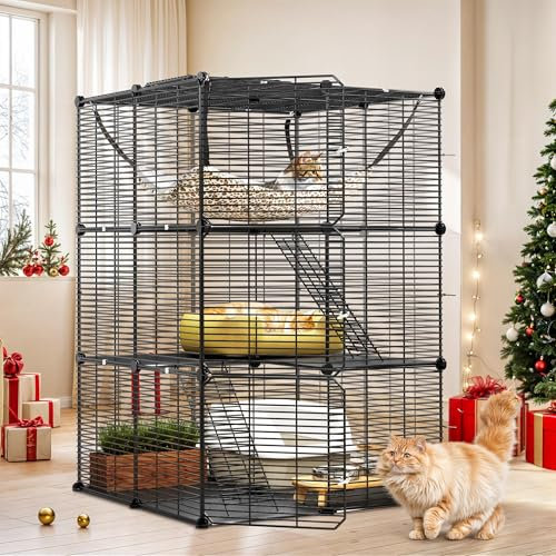 YITAHOME Gabbia per Gatti da Esterno/Interno, Recinto per Gatti a 3 Livelli con Amaca Extra Large, Gabbia per Animali Domestici con Filo Metallico Denso per 1-2 Gatti, Cincillà, Coniglio, Nero