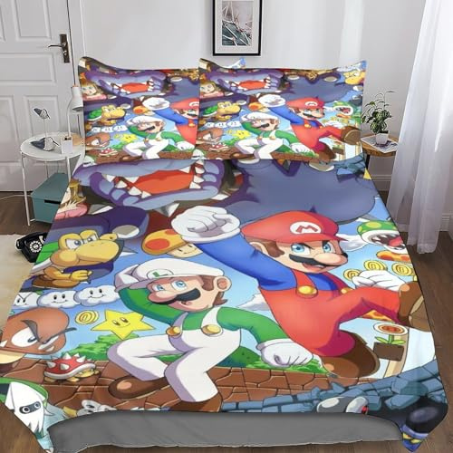Super Mario Parure De Lit pour Enfants Adultes, Ensemble De Cartoon Movie Housse De Couette pour Garçons, Ensemble De Literie avec Taie d'oreiller King（220x240cm）