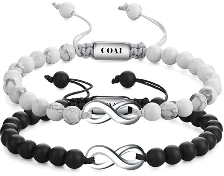 COAI Coppia di Bracciali Infinito per Innamorati con Perle di Onice Opaco e Howlite
