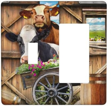 2-Gang 1-Toggle 1-Decorator/GFCI Combination Wallplate Western Rustic Farm Country Cow Wildlife Wooden Barn Door Animals Two Combo Double Device Toggle/Rocker Outlet Receptacle Light Switch Cover