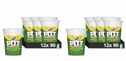 Pot Noodle Chicken & Mushroom Standard Pot Noodle instant vegetarian snack quick to make noodles 12x 90 g (Pack of 2)