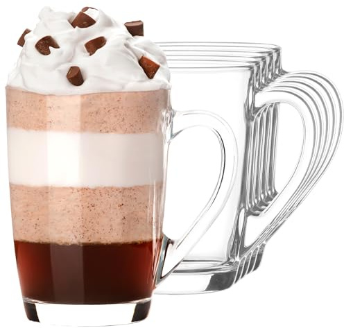 KIAPPO Kaffeegläser Set 350 ml - 6 Stück - Tee, Cocktail, Trink und Latte Macchiato-Gläser - Hochgläser Mit Henkel - 80 x 80 x 110 mm