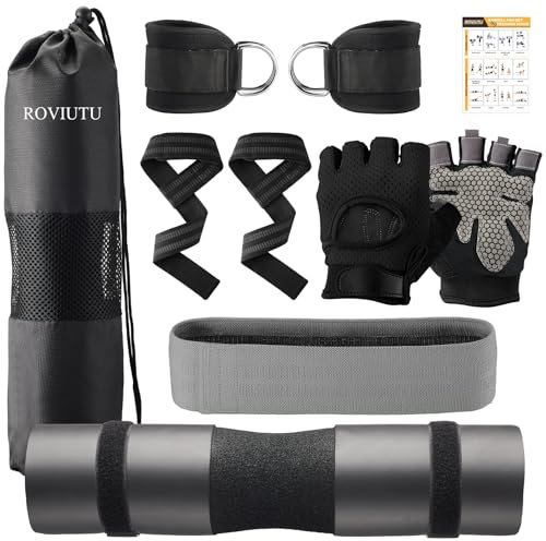 Barbell Pad Set,10 Pcs Barbell pads For Hip Thrust Squat & Lunges Support,With 2 Workout Ankle Straps, 2 Workout Gloves, 2 Gym Straps Weight Lifting, Resistance Bands,Olympic Bar Pad,Carry Bag (Black, Large-Gloves)