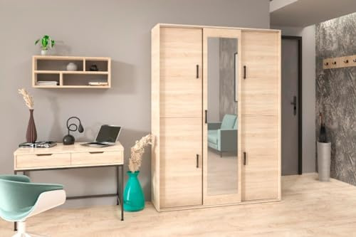 BEAUTY SOFA - Armoire à Miroir Avec Portes Coulissantes - Multi-Usages Pour Couloir - Étagères et Tringle à Vêtements - Chêne Sonoma - Largeur 150 cm