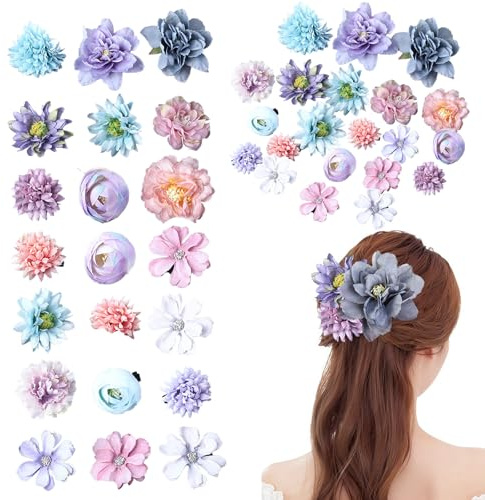 Blumen Haarspange,21 Stück Mehrfarbige Blumen Haarklammer,künstliche Blüte Haarclip,Blume Haarschmuck für Party, Strand, Hochzeit, Veranstaltungsdekoration(Blau Lila)