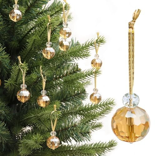 12 Pcs Crystal Glass Christmas Balls Ornaments, 0.87 Mini Prism Ball Christmas Tree Decorations, Hanging Crystal Ornament Clearance for Xmas Wedding Party Home Decor (Gold)